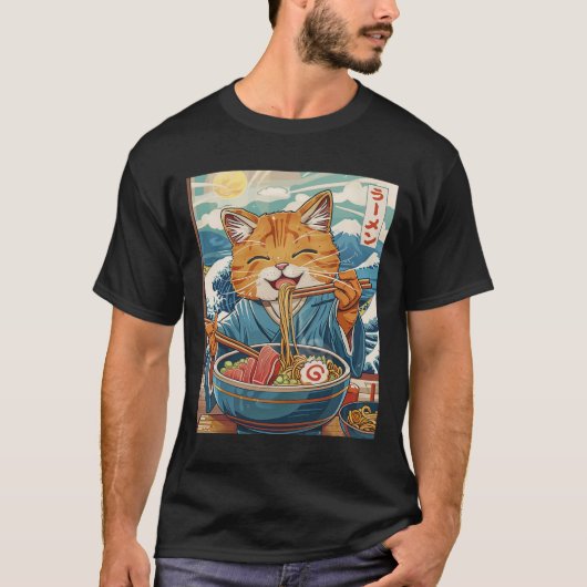 T-shirt Cute Japonaise Ramen Chat La Grande Vague (Devant)