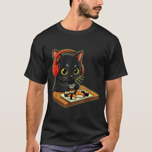 T-shirt Cute Kawaii Black Cat Funny Sushi Retro Japanese C (Devant)