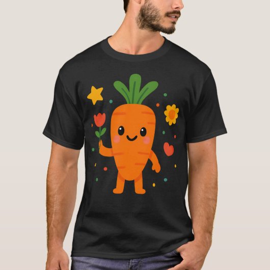 T-shirt Cute Kawaii Carottes Holding Fleur Joyeux Légumes (Devant)