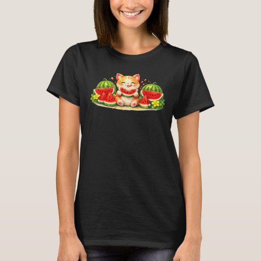 T-shirt Cute Kawaii Cat Eating Watermelon Illustration (Devant)