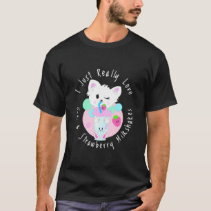 T-shirt Cute Kawaii Chat Avec Drôle Milkshake Fraise