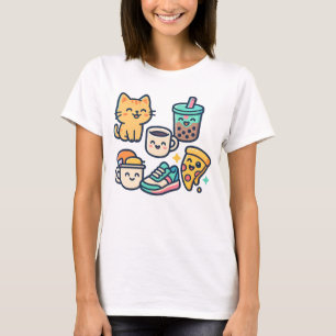 T-shirt Cute Kawaii Chat, Pizza, Thé à bulle & Café - Amus
