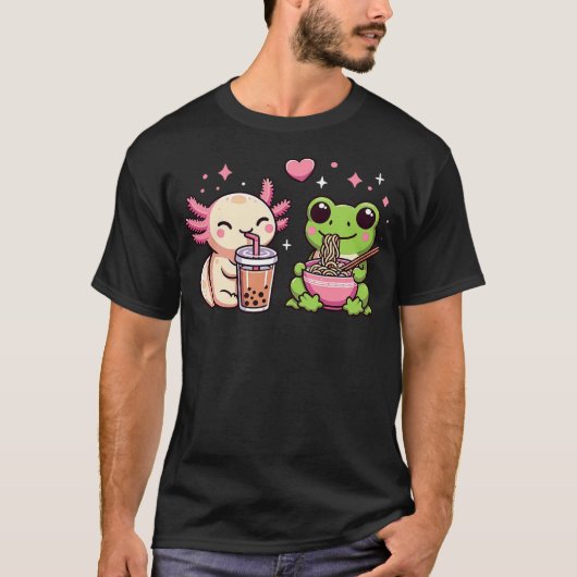 T-shirt Cute Kawaii Frog and Axolotl Eating Ramen and Boba (Devant)