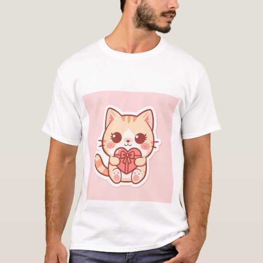 T-shirt Cute Kawaii Ginger Cat Sitting with Heart Gift 💖 (Devant)