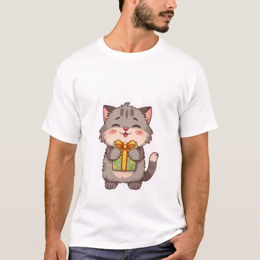 T-shirt Cute Kawaii Grey Kitty Hugging Floral Gift Box ✨🎁 (Devant)