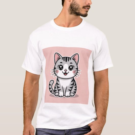 T-shirt Cute Kawaii Grey Tabby Cat Smiling - Happy Kitten (Devant)