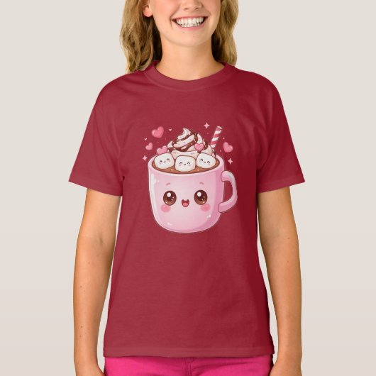 T-shirt Cute Kawaii Hot Chocolate Mug with Marshmallows (Devant)