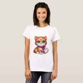 T-shirt Cute Kawaii Orange Kitten Red Plaid Bow Magic Cat  (Devant entier)