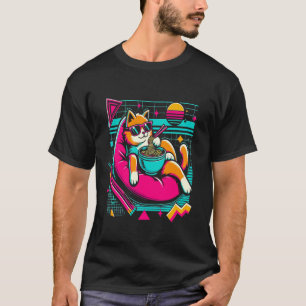 T-shirt Cute Kawaii Retro Anime Chat Manger Ramen nouilles