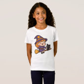 T-Shirt Cute Kawaii Sorcière et Chat Halloween Design (Devant entier)