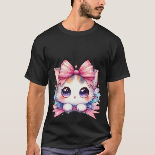 T-shirt Cute Kawaii White Kitten Pink Ribbon Bow Magic Cat (Devant)