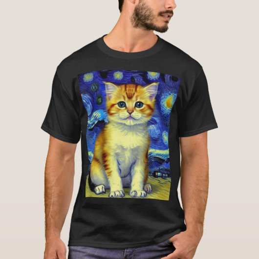 T-shirt Cute Kitten Starry Night Van Gogh (Devant)