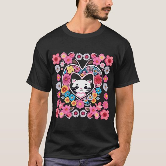 T-shirt Cute Kitty Et Fleurs (Devant)