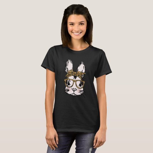 T-shirt Cute Lapin Portant Des Lunettes Léopard Plaid Impr (Devant entier)