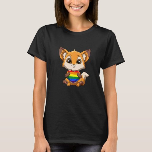 T-shirt Cute LGBTQ Pride Rainbow Heart Fox Hugging LGBTQ H (Devant)