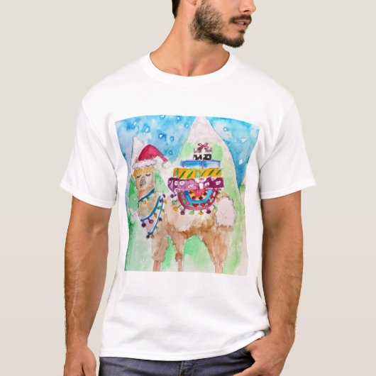 T-shirt Cute Llama Joyeux Noël Aquarelle art (Devant)