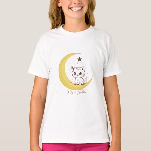 T-shirt Cute Magical Cat on Moon Starry Dreams - Round Cla (Devant)