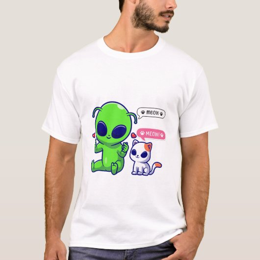 T-SHIRT CUTE MEOW CAT AVEC ALIEN (Devant)