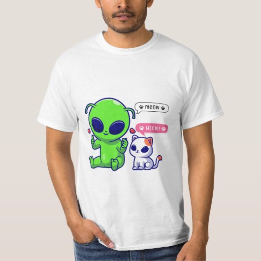 T-SHIRT CUTE MEOW CAT AVEC ALIEN (Devant)