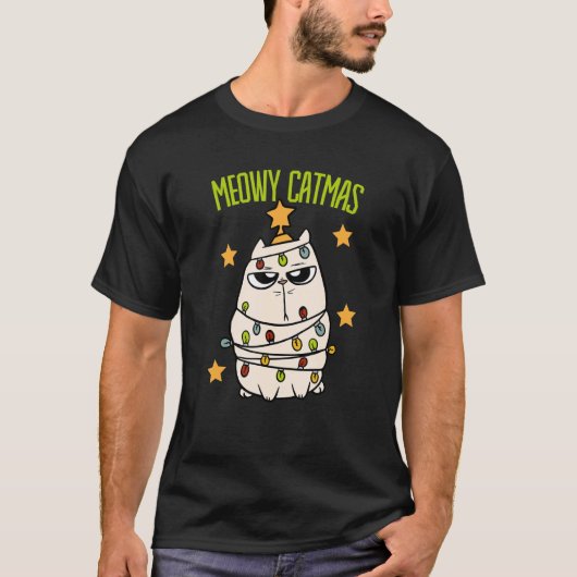 T-shirt Cute Meowy Catmas Christmas Cat Tangled Up In Ligh (Devant)