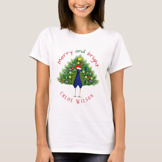 T-shirt Cute Merry and Bright Christmas Tree Peacock (Devant)
