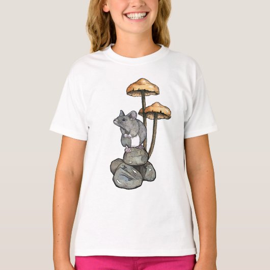 T-shirt Cute Mouse Standing on Rocks, with Mushrooms (Devant)