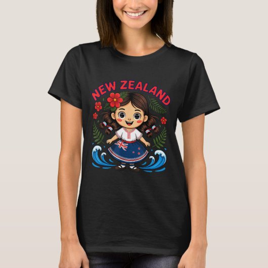 T-shirt Cute New Zealand Girl With Fern And Waves Dor Kids (Devant)