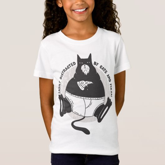 T-Shirt Cute obèse Black Cat mange Pizza. Facilement distr (Devant)
