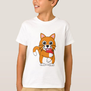 T-shirt Cute Orange Blanc Chat Manger Rouge Pomme Carton