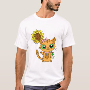 T-shirt Cute Orange Kawaii Chat avec tournesol