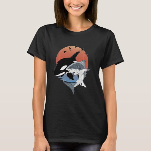 T-shirt Cute Orca Whale and Shark Samoa Polynesia Long Sle (Devant)