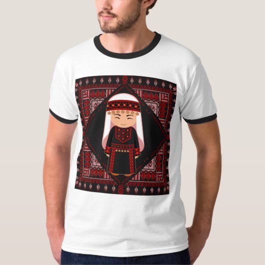 T-shirt cute Palestinian girl Embroidery red tatreez (Devant)