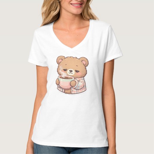 T-shirt Cute Pastel Teddy Bear Drinking Coffee Sticker  (Devant)