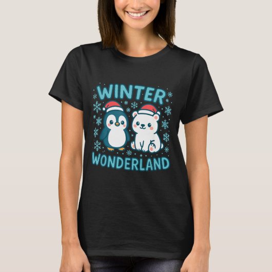 T-shirt Cute Penguin And Lar Bear Winter Wonderland Christ (Devant)