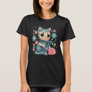 T-shirt Cute Petit Chat Animal avec Cellphone et Fleurs