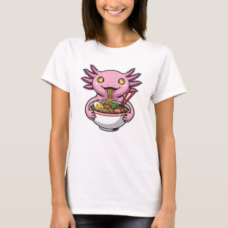 T-shirt Cute Pink Axolotl Eating Ramen Noodles Cartoon