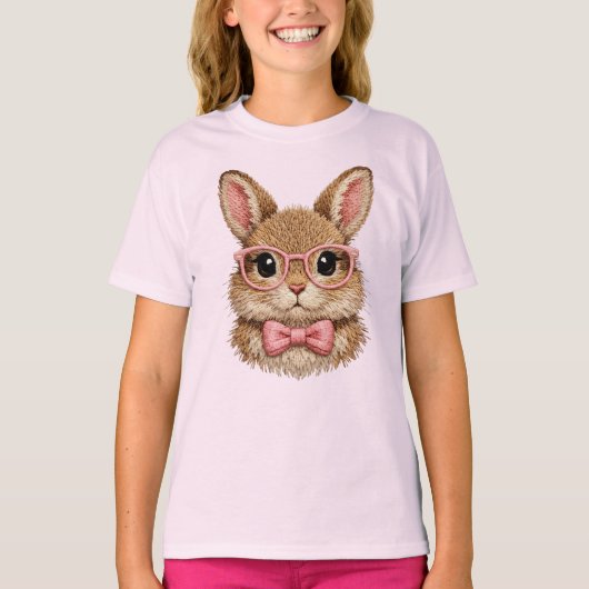 T-shirt Cute Pink Glasses Bunny | Rabbit Embroidery Look - (Devant)