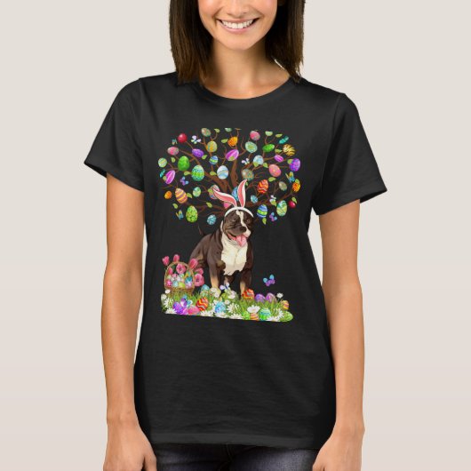 T-shirt Cute Pitbull Dogs With Bunny Ears Easter Egg Tree (Devant)
