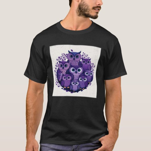 T-shirt Cute Purple Owls Illustration Minimal Unique Big E (Devant)