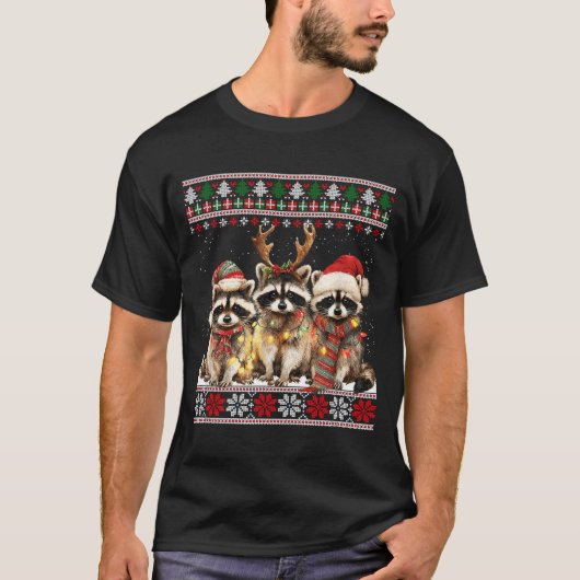 T-shirt Cute Raccoon Santa Christmas Lights Ugly Xmas Swea (Devant)