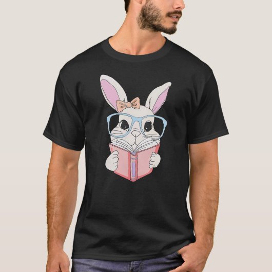 T-shirt Cute Reading Bunny Rabbit With Glasses Boy Girl Ea (Devant)