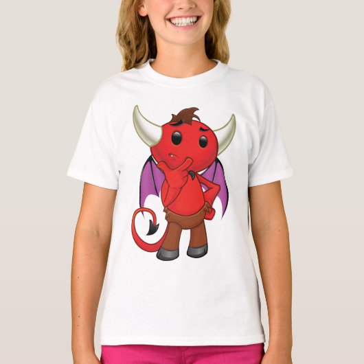 T-shirt Cute Red Devil Character Thinking Mischievous (Devant)