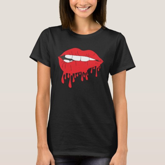 T-shirt Cute Red Lips Bite Biting Hot Desiring Temptation  (Devant)
