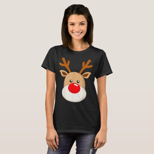 T-shirt Cute Reindeer Rudolph Red Nose Christmas Antlers (Devant entier)