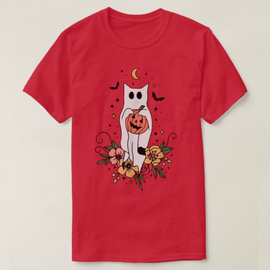 T-shirt Cute Retro Black Cat Ghost Flower Fall Halloween C (Design devant)