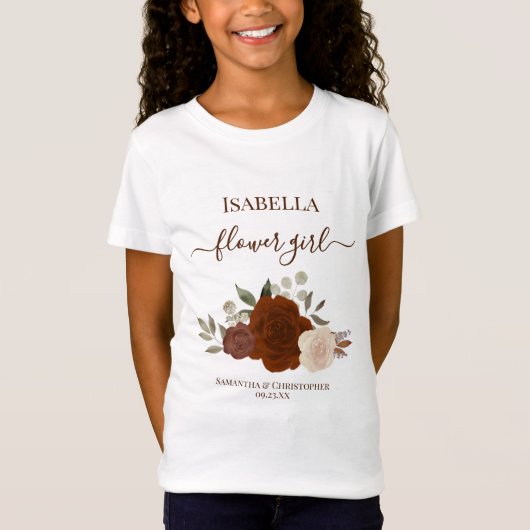 T-Shirt Cute Rust Orange Roses Flower Girl Gift Wedding (Devant)