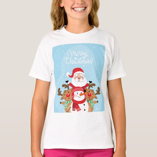 T-shirt Cute Santa Claus, deer and snowman (Devant)