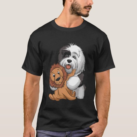 T-shirt Cute Sheepdog Holding Teddy Bear with Hearts (Devant)