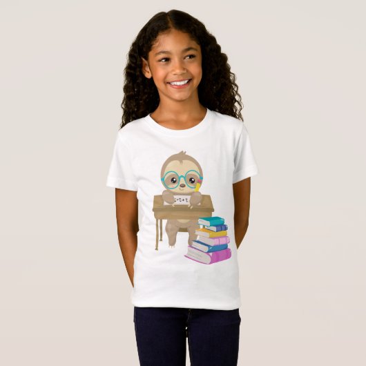 T-Shirt Cute Sloth School Desk Math Écriture Lecture Livre (Devant entier)