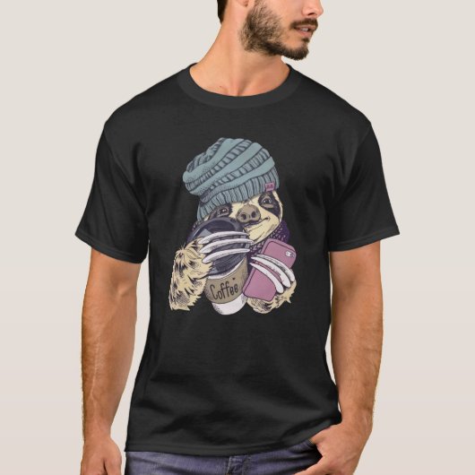 T-shirt Cute Sloth With Beanie Hat Coffee and Phone Animal (Devant)